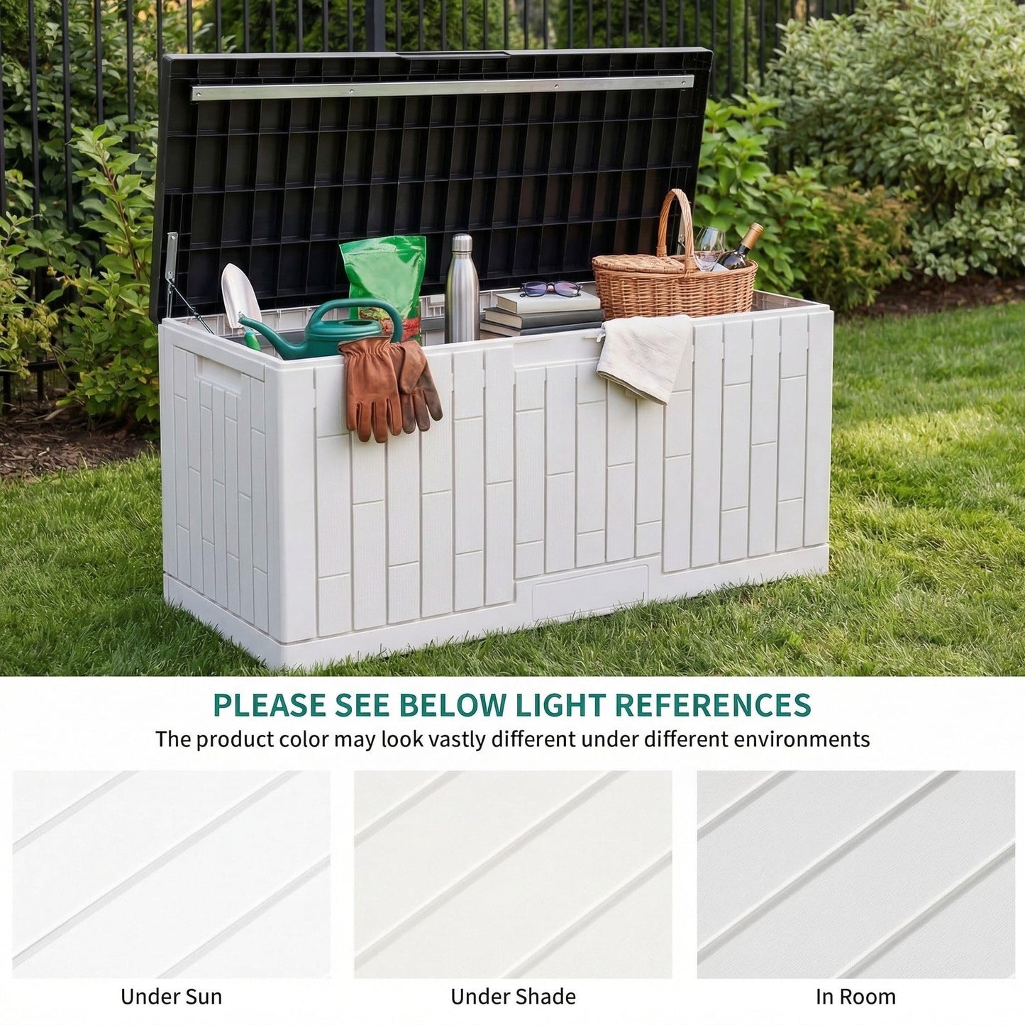 YITAHOME 120 Gallon Outdoor Storage Deck Box, Large Resin Patio Storage with Slide-Locking Black Lid, 2-Person Bench Seat for Outdoor Pillows, Garden Tools & Pool-Supplies, Waterproof, Grayish-White