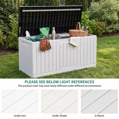 YITAHOME 120 Gallon Outdoor Storage Deck Box, Large Resin Patio Storage with Slide-Locking Black Lid, 2-Person Bench Seat for Outdoor Pillows, Garden Tools & Pool-Supplies, Waterproof, Grayish-White