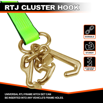 Mimanchi 2" x 12' RTJ Cluster Hook Ratchet Straps with 8 Point Chain, 4 Pack - Heavy Duty Tow Strap for Trucks, Trailers, and Car Haulers - Wheel Tie Down Straps for Tow Trucks & Auto Transport