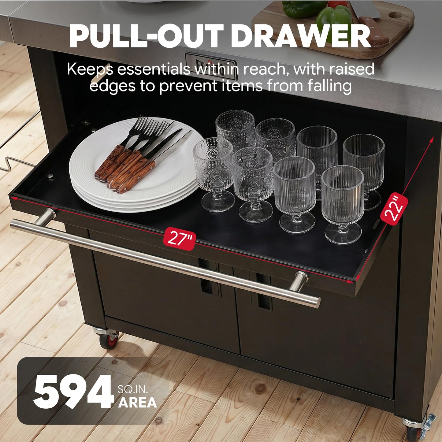Feasto Outdoor Kitchen Island with Cabinet, Outdoor Grill Table with Stainless Steel Top for Pizza Oven& Griddles, Movable Bar Cart with Pull-Out Plate for Parties& Gathering, Heavy-Duty, L74”x W24”