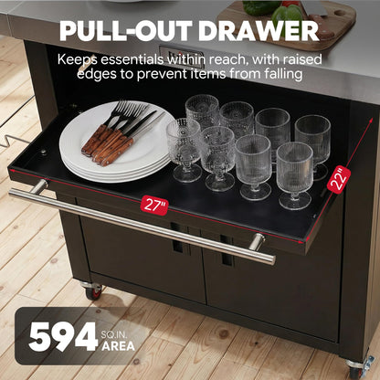 Feasto Outdoor Kitchen Island with Cabinet, Outdoor Grill Table with Stainless Steel Top for Pizza Oven& Griddles, Movable Bar Cart with Pull-Out Plate for Parties& Gathering, Heavy-Duty, L74”x W24”