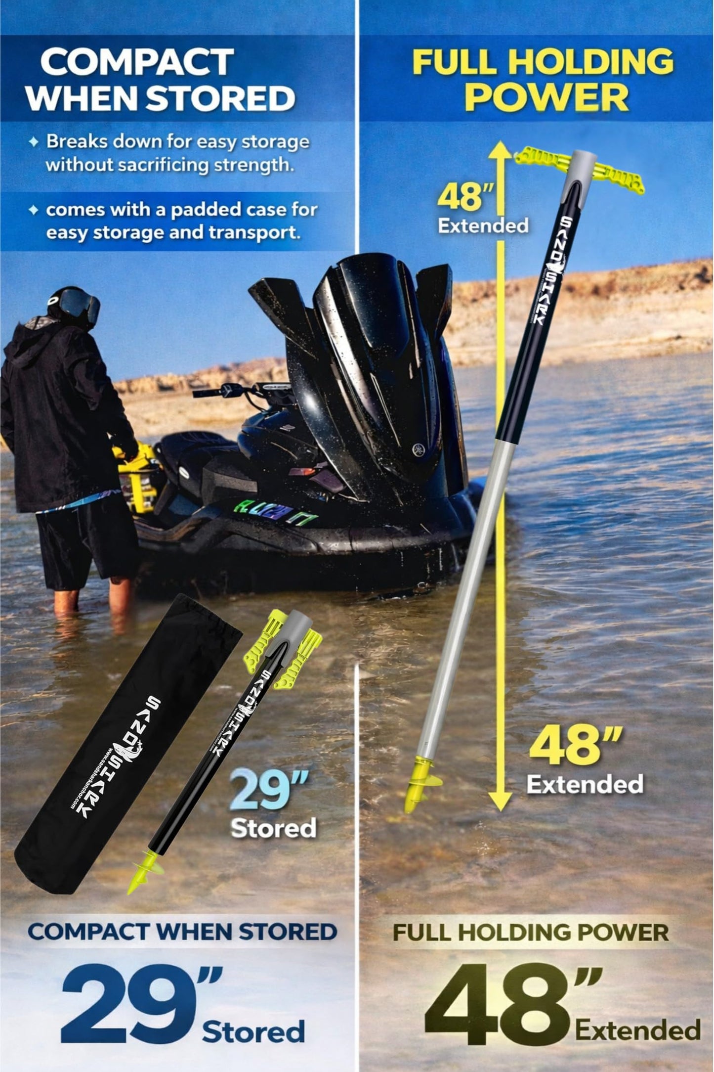 SandShark Patent Pending Supersport 3.0 Boat Anchor - Shallow Water Anchor Pole - Great Jet Ski, PWC, Pontoon Boat Accessories for Beach and Sandbar - Adjusts 29"-48" w/Case
