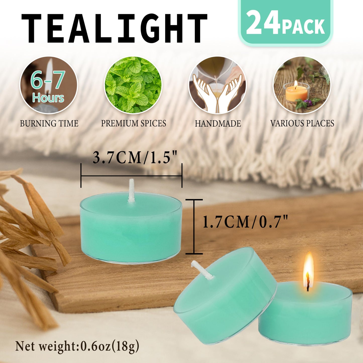 Mint Green Tea Lights Set of 24, Mint Scented Tealight Candles, Handmade Tea Candles, Long Burning Tealights for Romantic Wedding Home Decor Gift