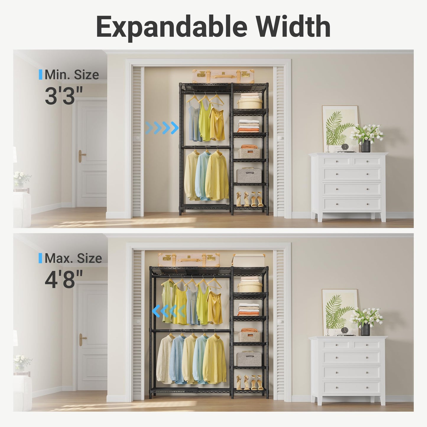 VIPEK X2 Expandable Reach-in Closet Racks Adjustable from 3'3" to 4'8" Portable Open Walk-in Closet Rack System with Flexible Shelves and Hanger Rods Clothing Rack for Hanging Clothes, Black