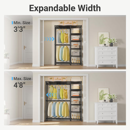 VIPEK X2 Expandable Reach-in Closet Racks Adjustable from 3'3" to 4'8" Portable Open Walk-in Closet Rack System with Flexible Shelves and Hanger Rods Clothing Rack for Hanging Clothes, Black