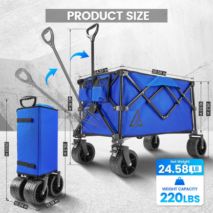Wagon Cart Shopping Cart Large Capacity Collapsible Wagon with Wheels On Beach Garden Outdoor Utility Carts for Grocery All Terrain Portable Wagons Carts for Groceries Sand Camping Sports Blue