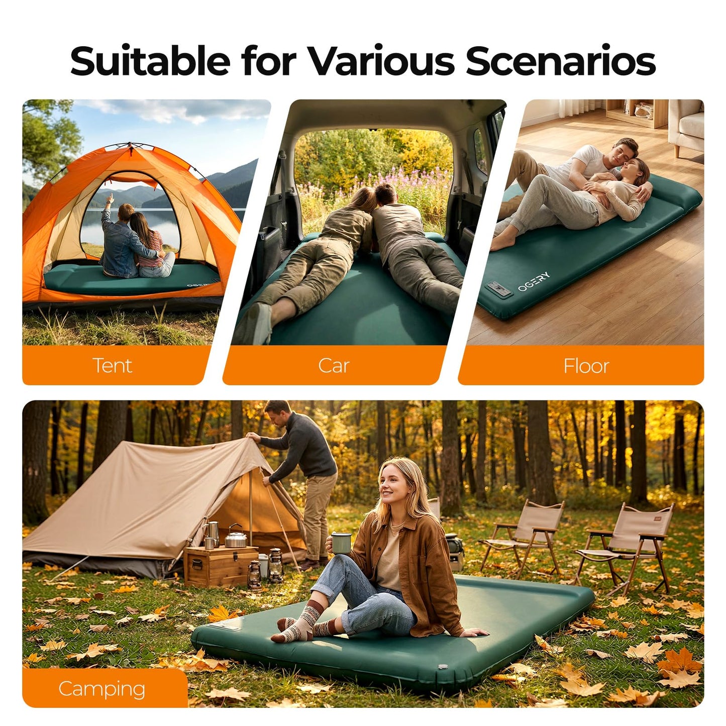OGERY Self Inflating Sleeping Pad with Electric Pump, 3.15" Ultra-Thick Memory Foam Camping Pad, 4 Season Camping Mattress Pad with Built-in Pillow