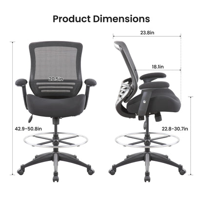 BOLISS 400lbs Mid Back Mesh Ergonomic Drafting Chair for Standing Desk Office Wide Chair Built-in Lumbar Support Big Adjustable Foot Ring Height Adjustable Armrest (Black)