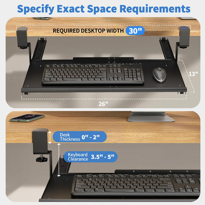 Strifuture Keyboard Tray Under Desk - Full Metal Slide Out Holder, Rust-Resistant & Scratch-Proof, Double C-Clamps, 26x13" Tray for L Shape/Regular Desks, Standing/Sitting Workstation(Black-B)