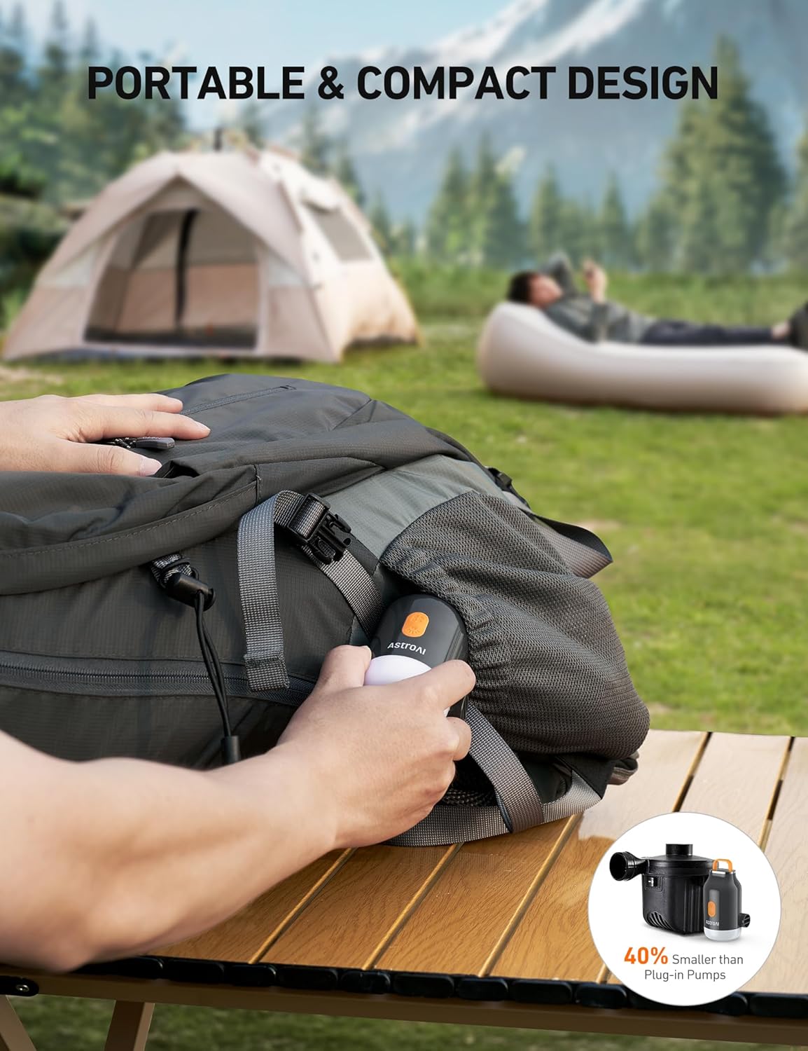 AstroAI Mini Air Pump - 3000mAh Battery Inflatable Mattress Pump with Camping Lantern & 5 Nozzles