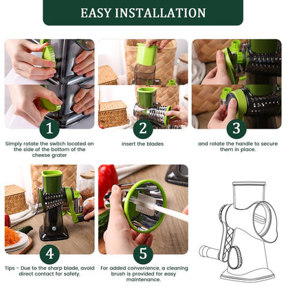 HANSGO Rotary Cheese Grater, 3 Stainless Steel Blades, Labor-Saving Handle, Strong Suction Base, for Cheese, Vegetables, Nuts, Chocolate & Fruits, Ideal for Family Meals, Salads, Pasta & Easy Cleanup