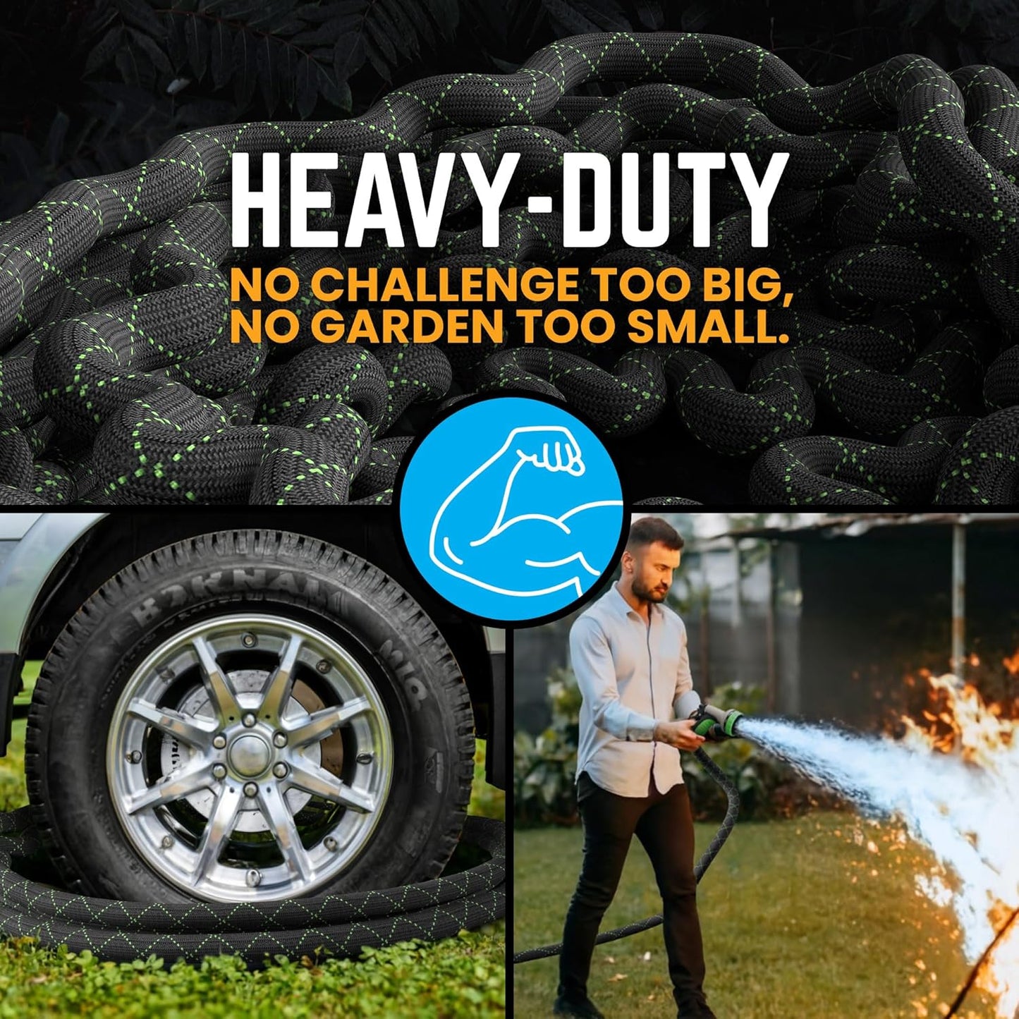 PowerFlow Stainless Steel Garden Hose - 25 Feet Non-Expandable with Durable Fabric Skin & 10-Way Spray Nozzle | Black