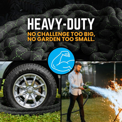 PowerFlow Stainless Steel Garden Hose - 25 Feet Non-Expandable with Durable Fabric Skin & 10-Way Spray Nozzle | Black