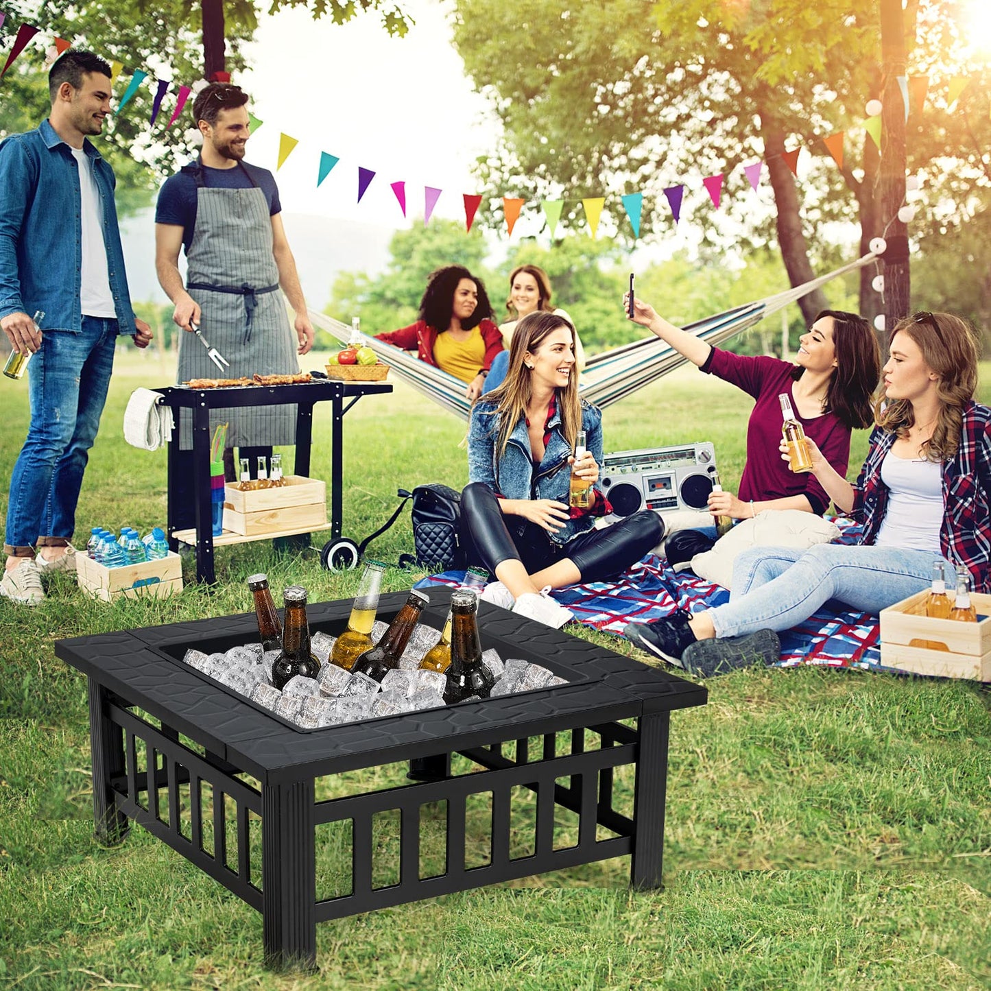 OFFICEJOY 32 inch Outdoor Fire Pit, 3 in 1 Bonfire Wood Burning Fire Pit Table with Spark Screen, BBQ Grill, Poker, Rain Cover, Log Grate, Metal Bonfire Stove Firepit for Outside Backyard Patio