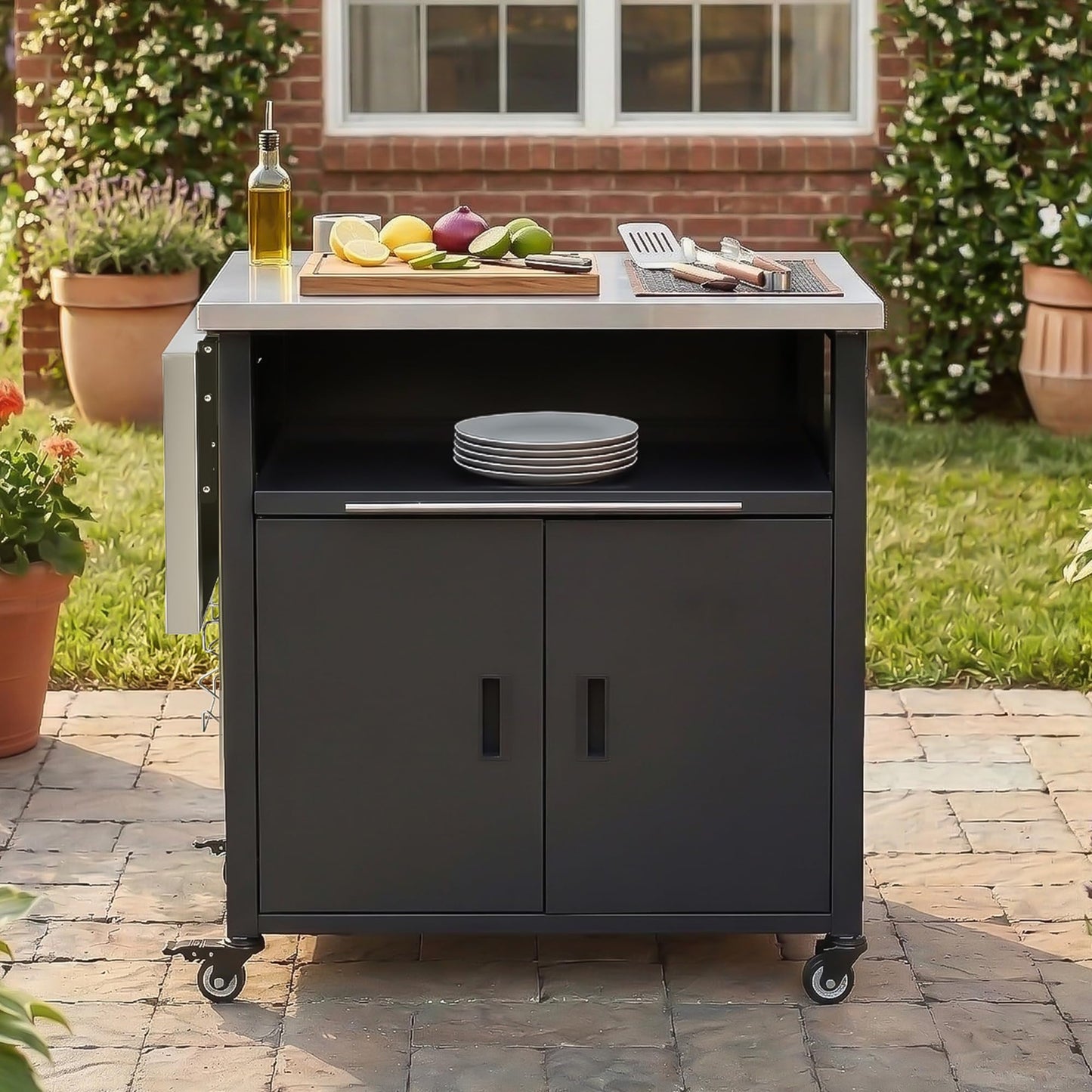 Merax Foldable Outdoor Kitchen Island & BBQ Prep Cart with Stainless Steel Top &Trash Rack & Lockable Wheels & Storage Cabinets – Portable Patio Dining Station for Grilling & Backyard & Camping, Black