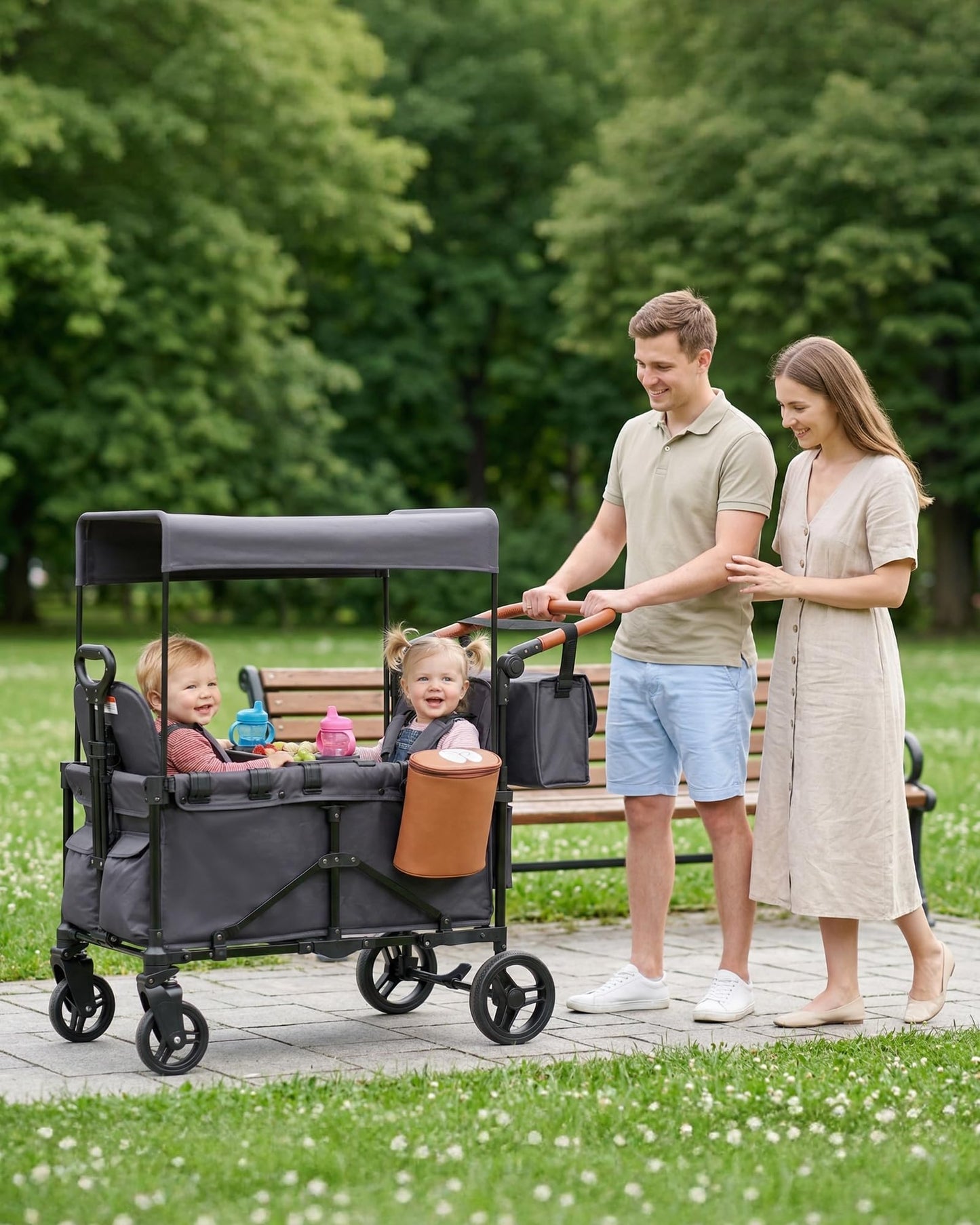 BudGlowey 2-in-1 Wagon Stroller for 2 Kids – Adjustable Push & Pull Handle All‑Terrain Wagon with Canopy, 5‑Point Harnesses, sanck Tray 2-in-1 Storage Bag, Lightweight, Compact – Grey