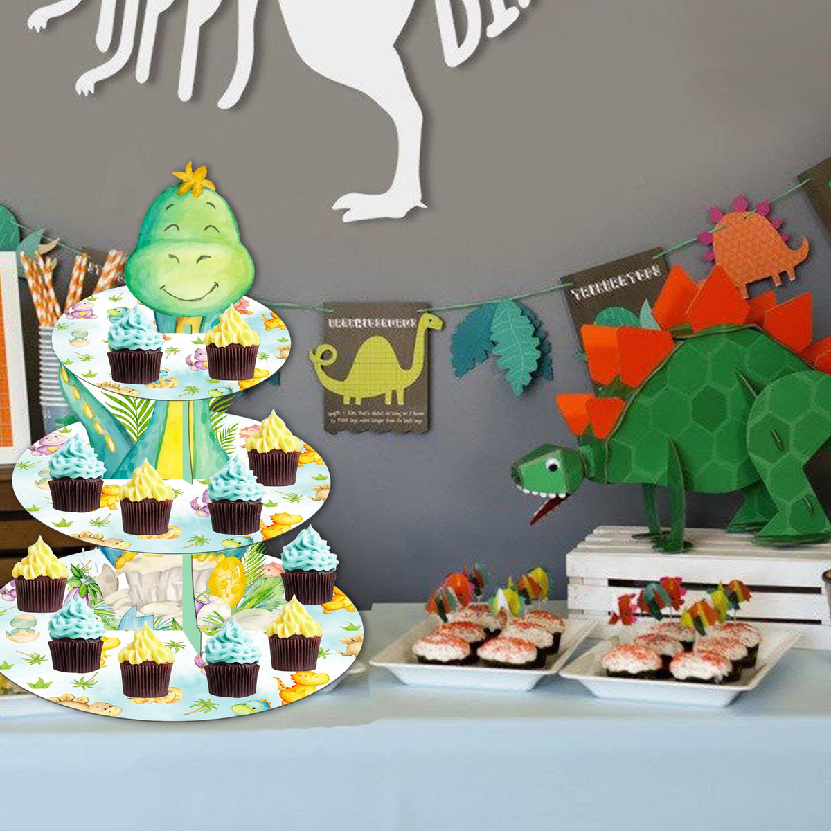 Dinosaur Cupcake Stand 3-Tier Cake Cupcake Holder Dinosaur Baby Shower Decoration for Dino Roar Theme Birthday Party Baby Shower Supplies