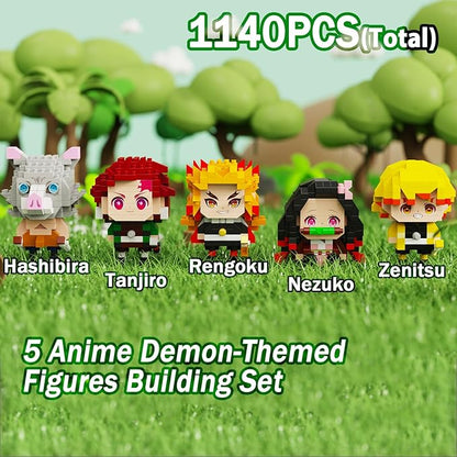 5 Kill Demon-Themed Anime Figures Building Set 2IN1 Sitting&ampStanding Models Cute Popular Characters Monster Killer Micro Brick Japanese Manga Merch Toy Decor Easter's Day Gift for Fans(1140 Pcs)