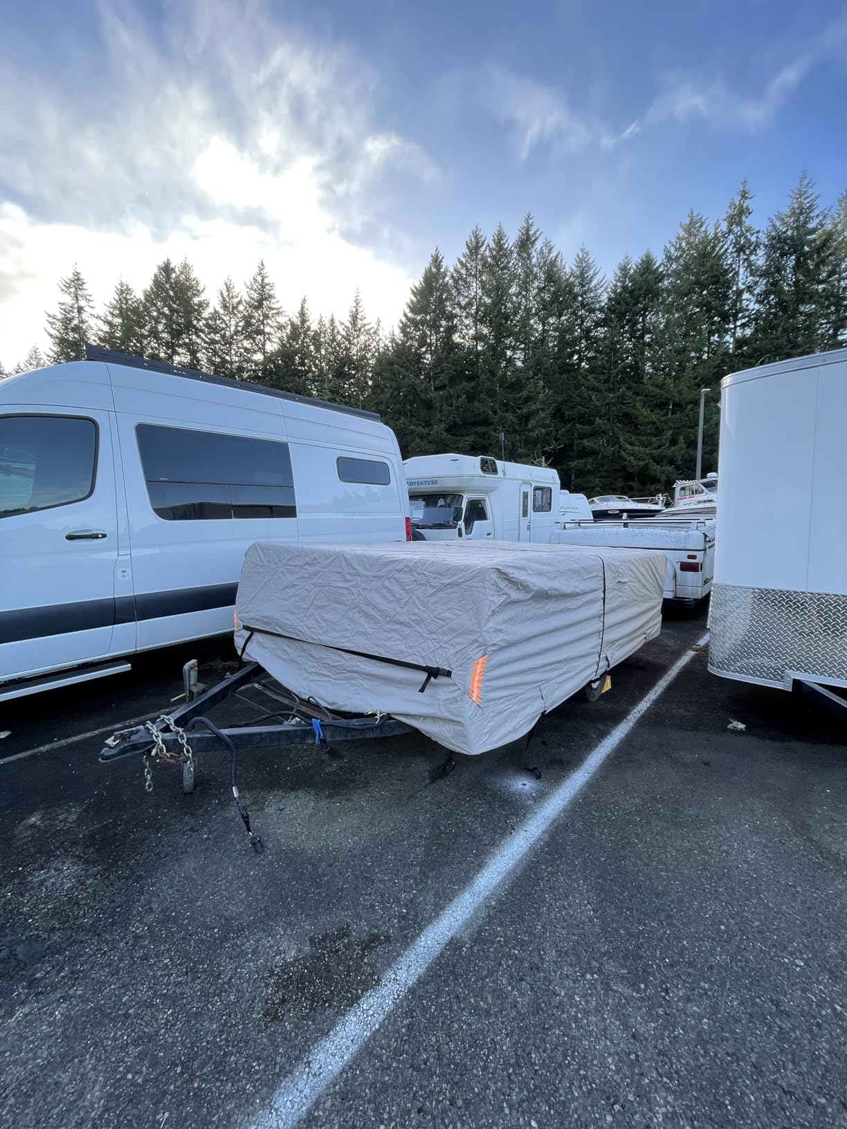 Tuszom True 900D Oxford Anti-Scratch Pop Up Camper Trailer Cover, Upgraded Waterproof Anti-UV Folding Camping RV Cover, Fit 12'-14' with 7 PCS Reinforced Windproof Straps for Motorhome