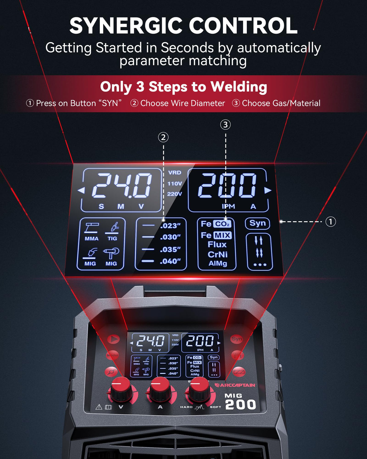 ARCCAPTAIN MIG Welder, 200Amp 6 in 1 Gas MIG/Gasless Flux Core MIG/Stick/Lift TIG/Spot welding/Spool Gun 110V/220V Aluminum Multi Process Welding Machine with LED Digital Display, Burn Back Adjustment