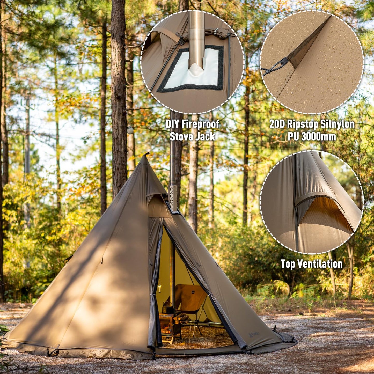 POMOLY Tipi Tent Camping Hot Tent, Circle 2 Portable Pyramid Wood Stove Tents for 2 Person Hiking, Hunting, Backpacking (Circular Braces)
