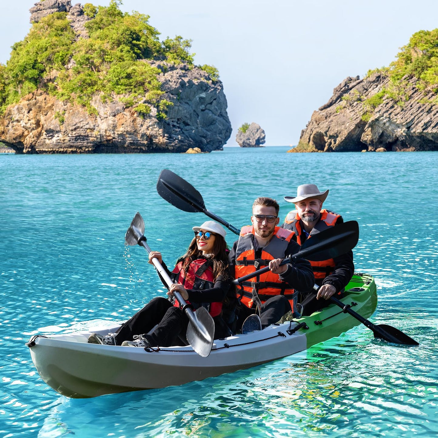 Fishing Kayaks, 12.4FT Sit on Top Kayak for 2-3 Person Adults with Paddle, Capacity of 600LBS, Hard Shell Recreational Kayak, Storage with Tie Downs