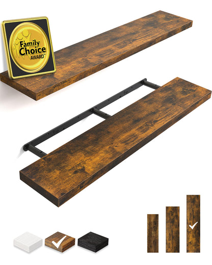 BAYKA Floating Shelves Set of 2, 47.2 inches Long Wall Mounted Rustic Wood Shelves for Bathroom, Bedroom, Living Room, Kitchen, Office, Hanging Shelf for Books/Storage/Decor, Rustic Brown