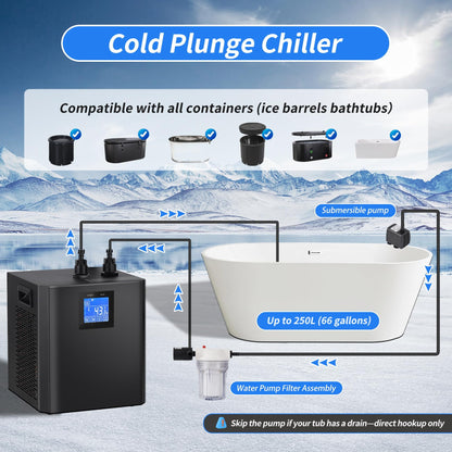 QAMGCYW Ice Bath Water Chiller, 1/3HP Cold Plunge Chiller with External Filter, Filter pad, and Pump, Remote Control Water Chiller, for Home and Professional Use