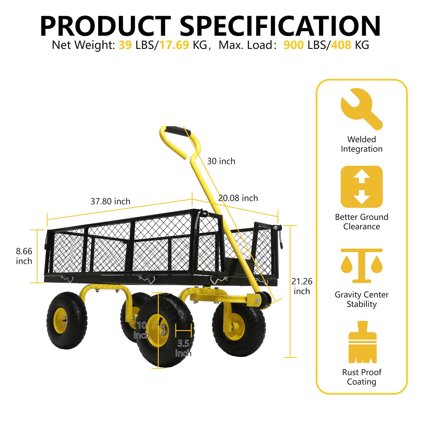 Steel Garden Cart, 2-in-1 Heavy Duty Utility Wagon 900 LBS Capacity Carts with Removable Mesh Sides to Convert into Flatbed, 240° U-Turn 10" Pneumatic Tires Garden Wagon for Lawn Camping Farm Yard