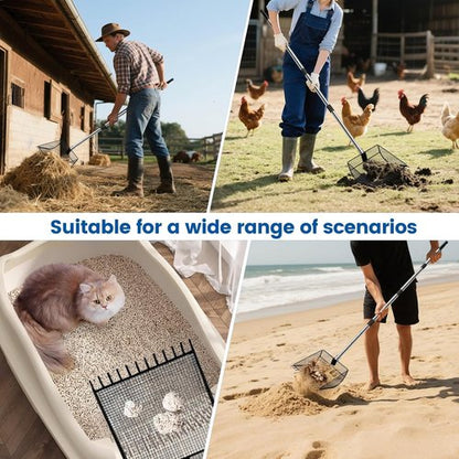 Chicken Poop Scooper - 2-in-1 Rake & Sifting Shovel with Adjustable Stainless Steel Handle (36"-62")