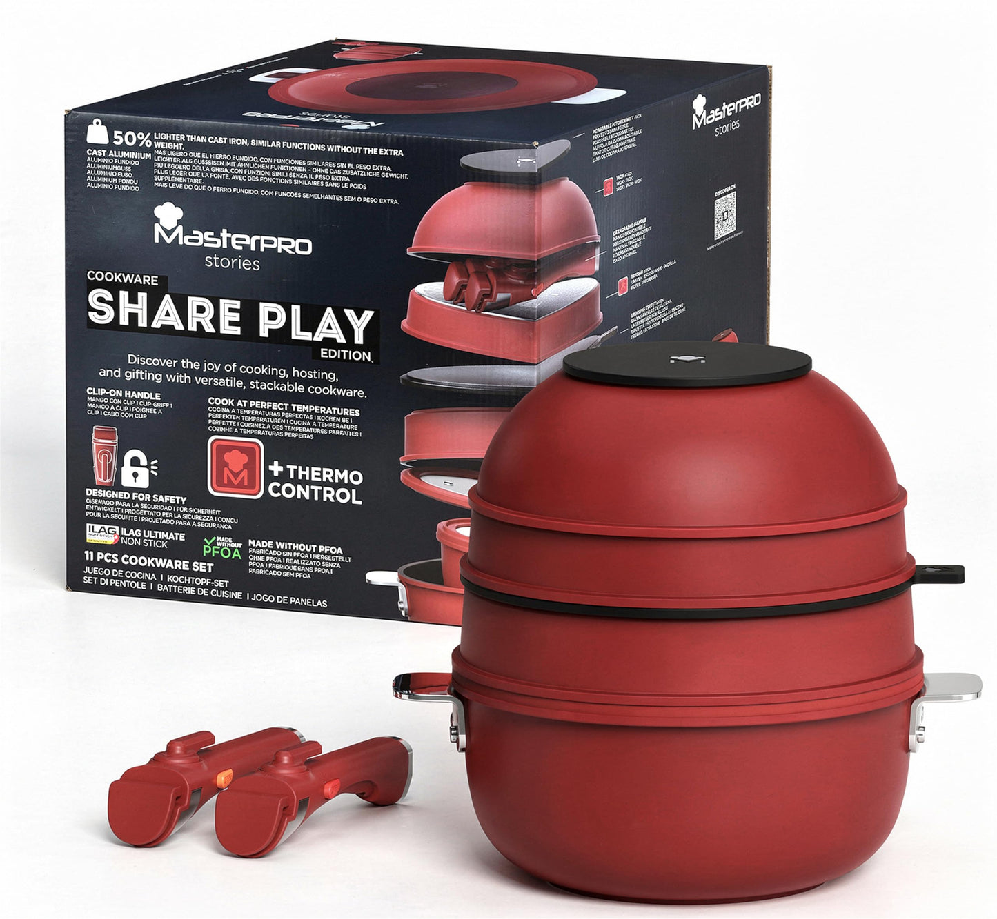 Bergner 11-Piece Non-Stick Cookware Set with Detachable Handles - Stackable Die-Cast Aluminum Pots and Pans Set, Induction & Oven Safe, Space-Saving Kitchen Set, Red