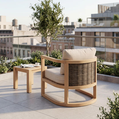 Merax Outdoor Acacia Wood Club Chair wtih Cushions, Patio Sofa Armchair with Rattan-Woven Back, Sturdy Base for Porch, Lawn, Backyard, Balcony, Light Teak