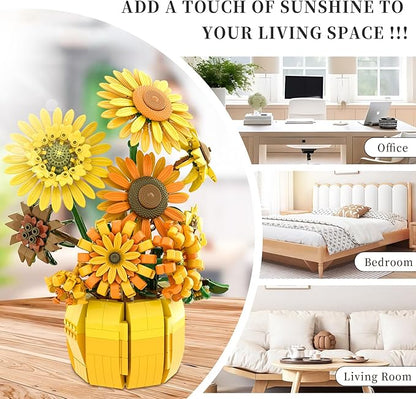 Van Gogh Sunflower Building Blocks Set for Adults Sunflowers Botanicals Compatible with Lego Flowers Art Bonsai Botanical Collection Office Gifts for Her Him Girls 14+ 1009PCS 11002