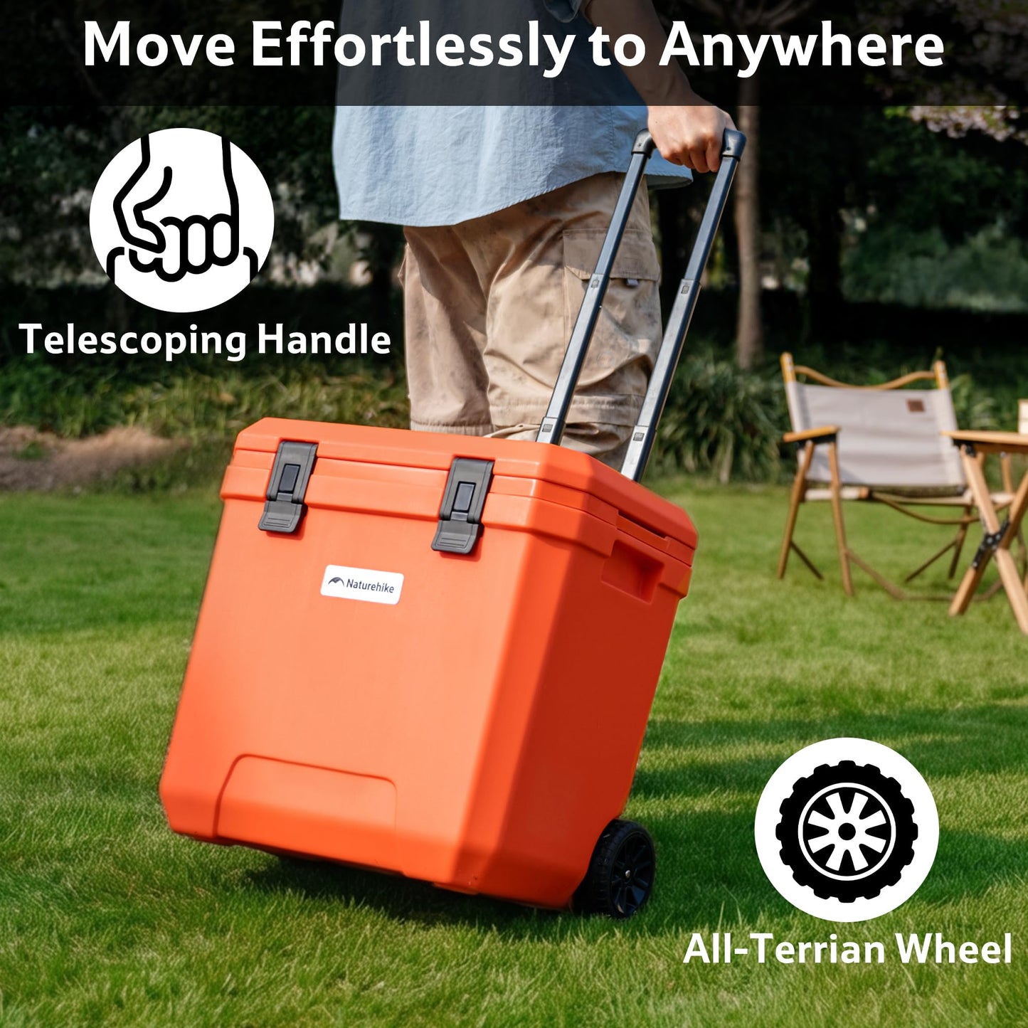 Naturehike 38 QT Wheeled Cooler, 6-Side PU Insulation Ice Chest 153-Hour Ice Retention, Rolling Hard Cooler Holds 45 Cans, 220 lb Seat, All-Terrain Wheels for Camping & Beach