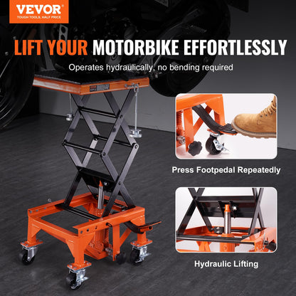 VEVOR Hydraulic Motorcycle Lift Table, 350 lbs Capacity Motorcycle Scissor Jack Lift with Wide Deck, J-Hooks, 4 Wheels, Hydraulic Foot-Operated Jack Stand for ATV Dirt Bikes