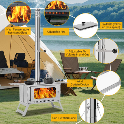 Large Portable Wood Burning Tent Stove, Foldable Stainless Steel Camping Stove with Viewing Glass & 5 Chimney Pipes & 3 Grills for Outdoor Heating, Cooking, Shelter, and Wilderness Survival