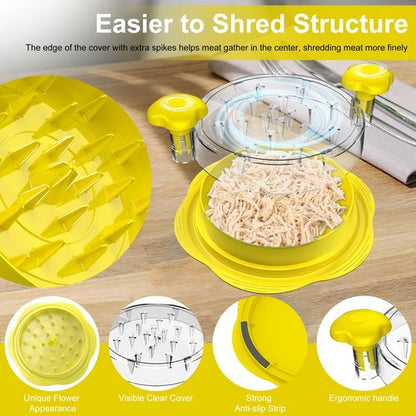 Chicken Shredder Large Chicken Breast Shredder Tool Twist with Brush&Fork, Visible Meat Shredder Machine, Anti-Slip Strip, Ergonomic Handle, BPA Free, Suitable for Pork Beef Chicken(Yellow)
