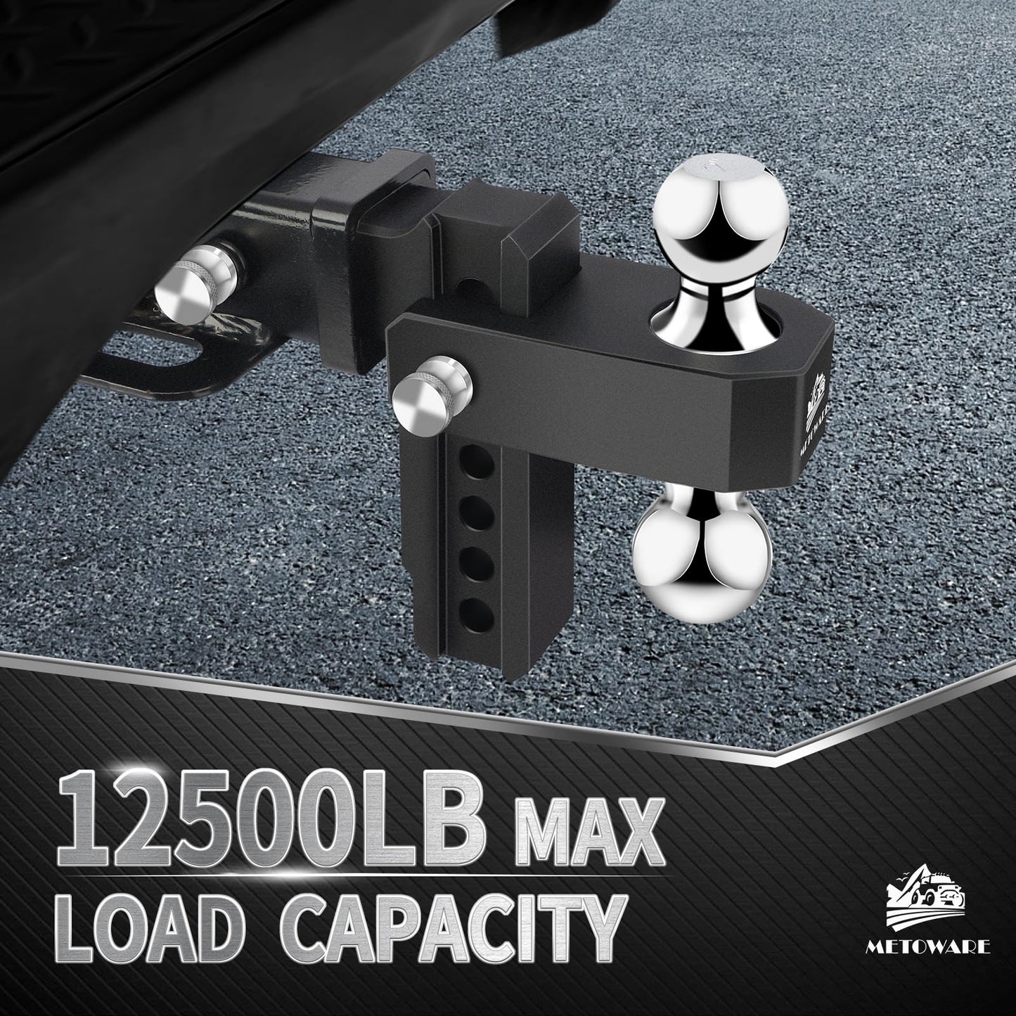 METOWARE Adjustable Trailer Hitch - Aluminum Drop Hitch Fits 2-Inch Receiver - Heavy Duty Trailer Hitch with 6-Inch Drop/Rise for Truck (12,500 LBS GTW), Double Stainless Steel Hitch Lock(Black)
