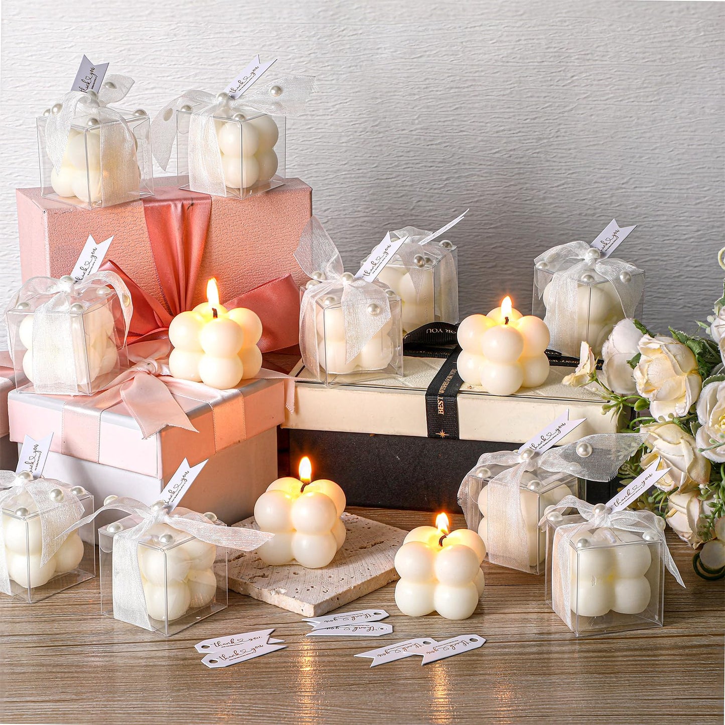 Nuanchu 12 Sets Bridal Shower Favors White 1.6" Mini Bubble Candles Wedding Favors Gifts for Guests Aesthetic Bubble Candles Baby Shower Favor with Thank You Card Ribbon for DIY Baptism Gift