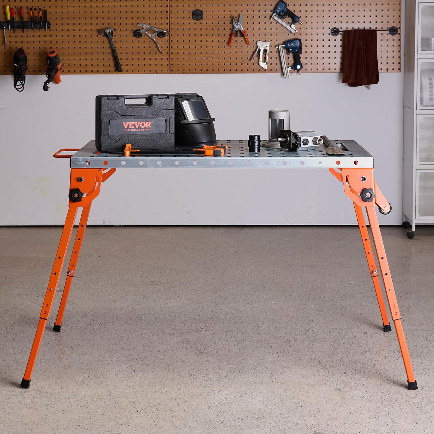 VEVOR Foldable Welding Table 44" x 21", 500LBS Capacity Welding Workbench with 4-Level Adjustable Height, Carbon Steel Work Bench with 6 Tool Slots & 0.63" Fixture Holes for Welding Assembly Repair