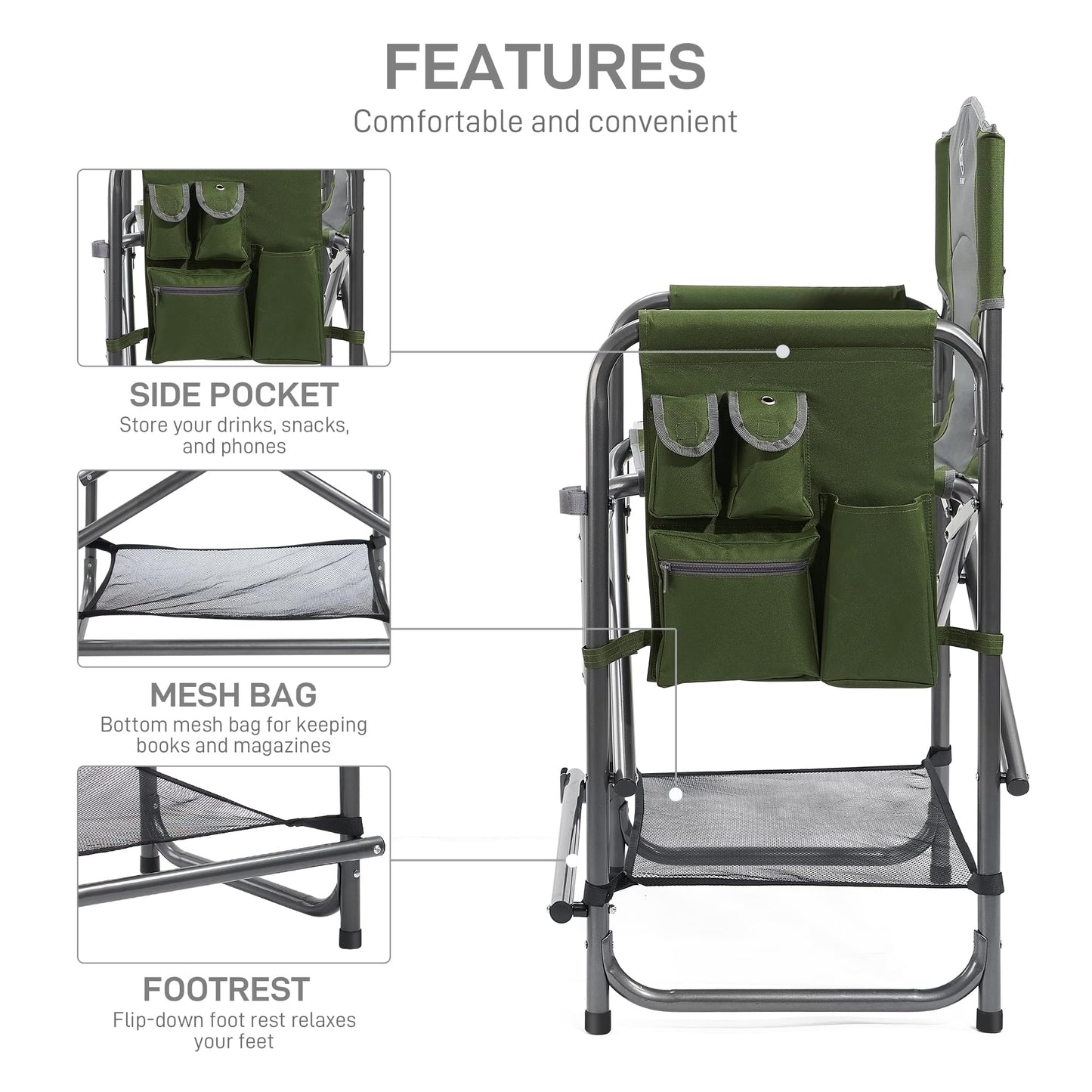 EVER ADVANCED Medium Tall Directors Chair Foldable Makeup Artist Chair Bar Height with Side Table Cup Holder and Pocket Footrest, Supports 400LBS (Green, Seat Height: 23.2 inches)