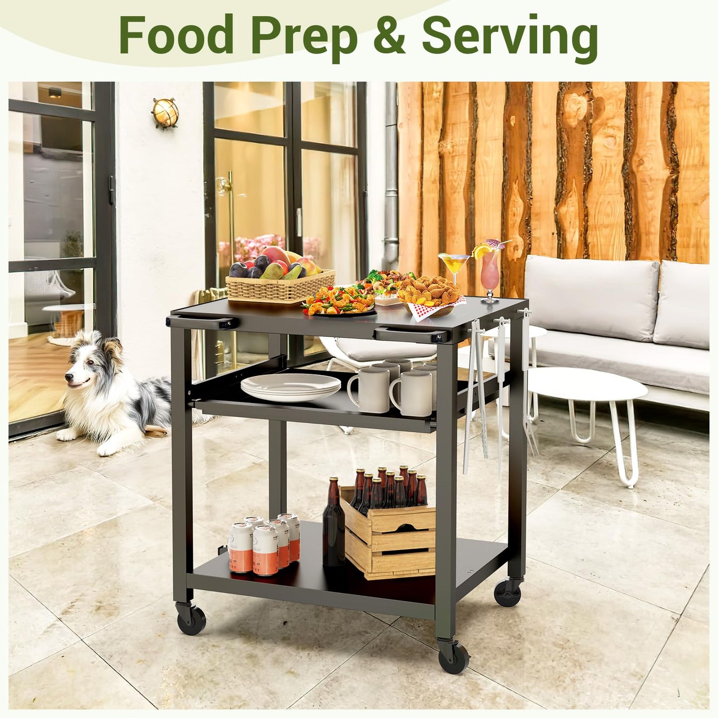 NUUK Outdoor Grill Prep Table 24"x30" Metal Grill Cart Outside 3-Layer Pizza Oven Table Movable with Universal Wheels for BBQ Backyard Patio