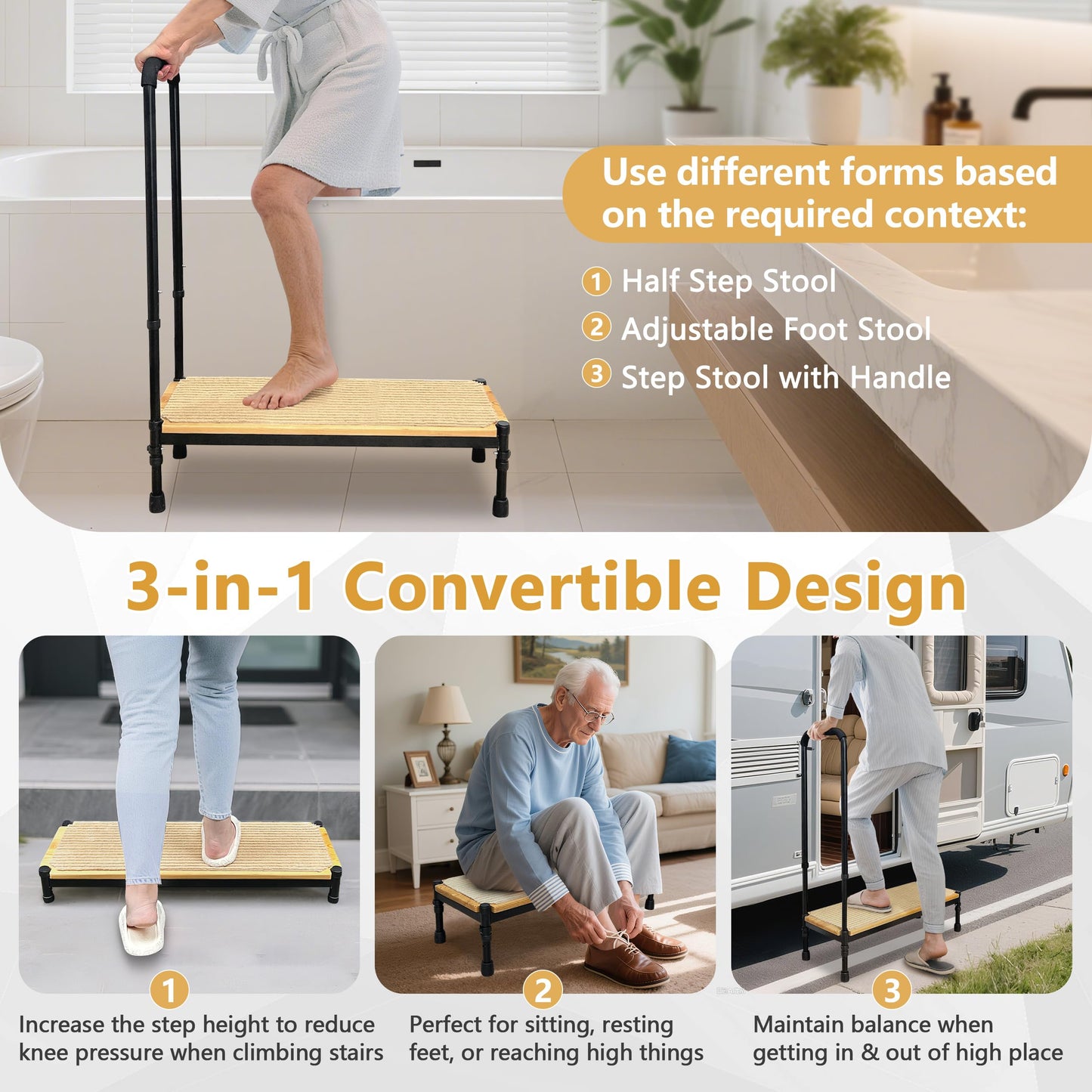 Bed Step Stool with Adjustable Handle for Elderly, Medical Step Stool for Bedside for Adults, 31.5" Long Safety Step Platform, Bed Stool for High Beds, Heavy Duty SUV Stepping Stool with Anti-Slip Mat
