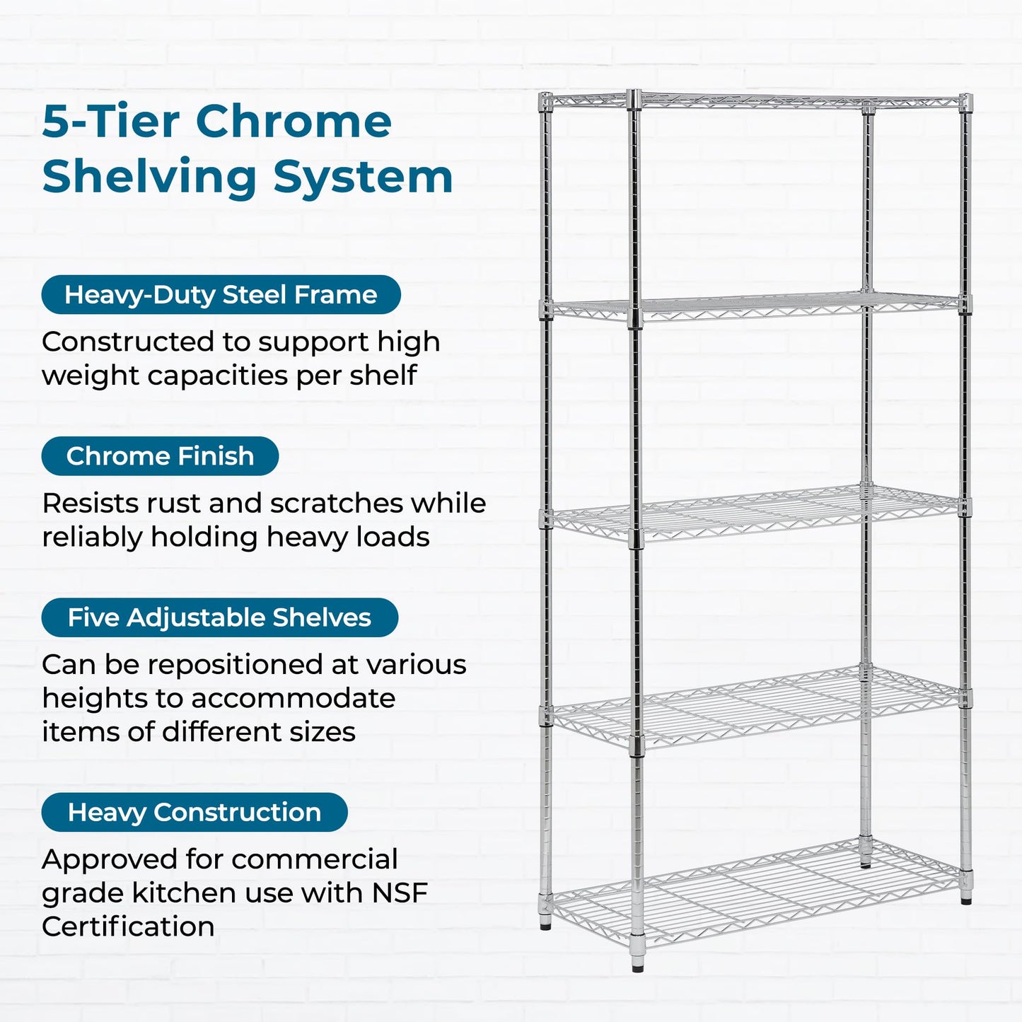 Honey-Can-Do 5-Tier Heavy Duty Adjustable Shelving Unit with Wheels, 350-lb Per Shelf NSF Certified Rolling Metal Storage Rack, Chrome Wire Shelf, 36 x 18 x 72 in
