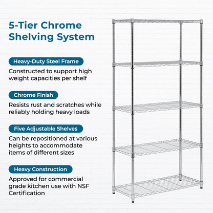Honey-Can-Do 5-Tier Heavy Duty Adjustable Shelving Unit with Wheels, 350-lb Per Shelf NSF Certified Rolling Metal Storage Rack, Chrome Wire Shelf, 36 x 18 x 72 in