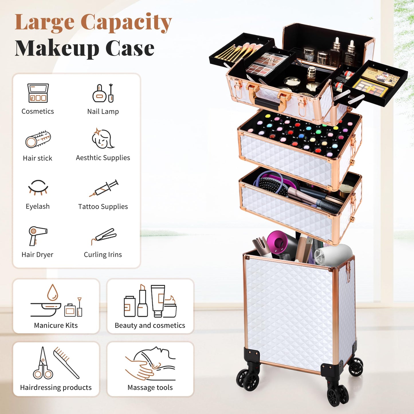 AROUS Rolling Makeup Train Case 4 in 1 Cosmetology Case on Wheels Large Storage Cosmetic Trolley with Key Salon Barber Case Traveling Cart Trunk,White