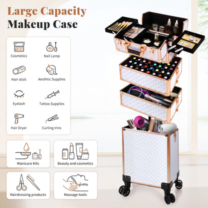 AROUS Rolling Makeup Train Case 4 in 1 Cosmetology Case on Wheels Large Storage Cosmetic Trolley with Key Salon Barber Case Traveling Cart Trunk,White