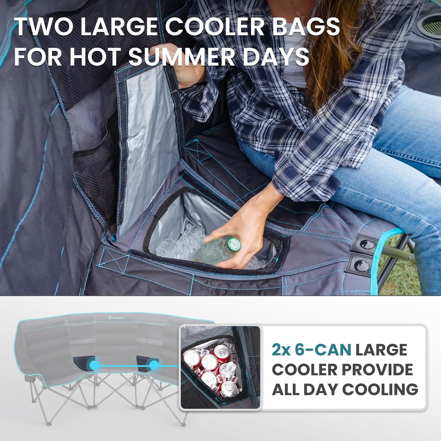 FUNDANGO Extra Wide 3 Person Camping Chair for Adults with Cooler, 1000 LBS Heavy Duty Oversized Camp Couch, Padded Folding Seat with Cup Holders for Outdoor, Sports & Lawn