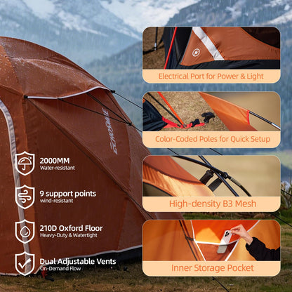 EchoSmile 3-5 Person Family Camping Tent, Waterproof Windproof Heavy Duty Dome Shelter, Easy Setup Multi-Pole Cabana with Extra Storage Room for Wet Bags & Shoes, Outdoor Hiking Travel - Orange