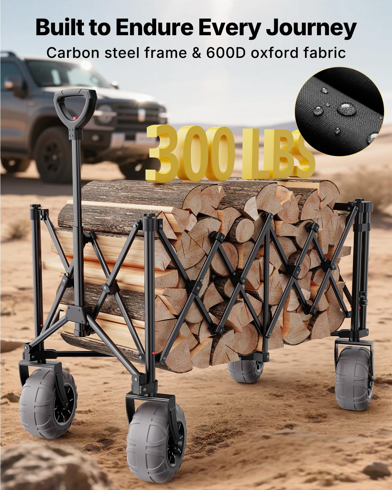 Beach Wagon with Big Wheels for Sand, 260L Capacity, Heavy Duty All-Terrain Folding Wagon with Expandable Rear, Durable Carbon Steel Frame & Big 8.3" Wheels for Beach, Outdoor & Camping Activities